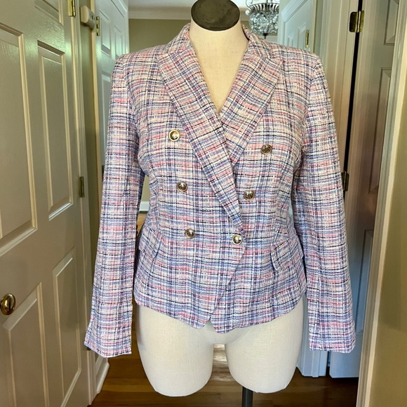 $219 NWT Talbots Multi Pink Blue White Plaid Tweed‎ Blazer Jacket Size 14 - Picture 6 of 8